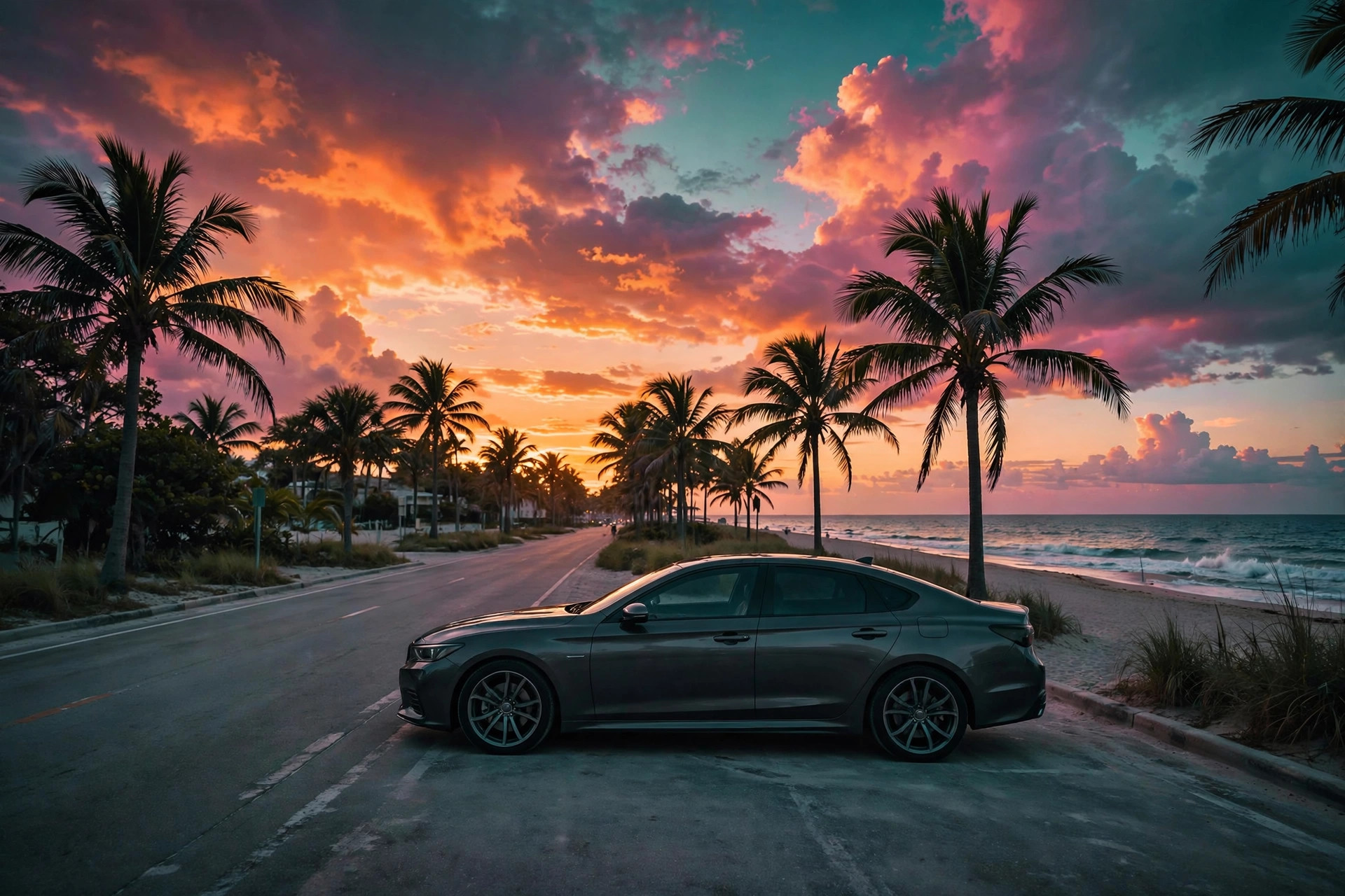 Sedán en la playa de Miami